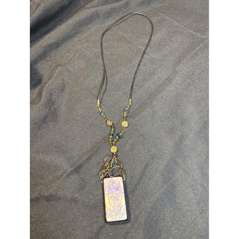 Unique Artisan Necklace Ceramic Pendant Beaded Leather Cord Boho Chic